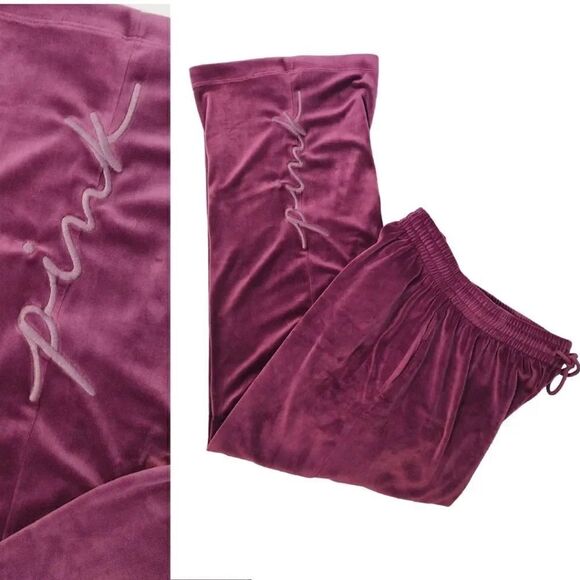PINK VS Purple Velvet Heritage Logo High Waist Wide Leg Joggers Large - Picture 1 of 16
